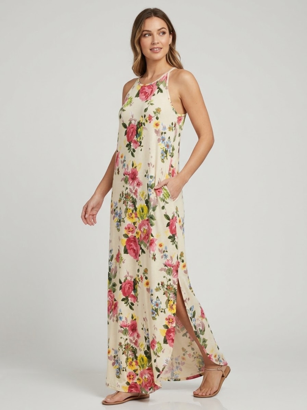 Blush Cream Maxi Dress with Pink & Yellow Floral Print